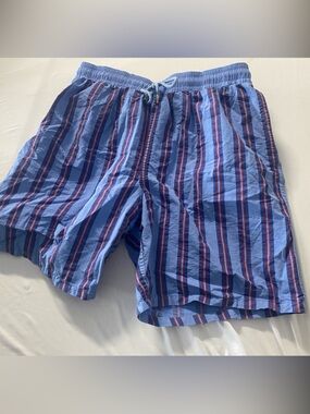 Faconnable Men’s Light Blue Striped Swim Trunks Beach Vacation Swim wear 7”